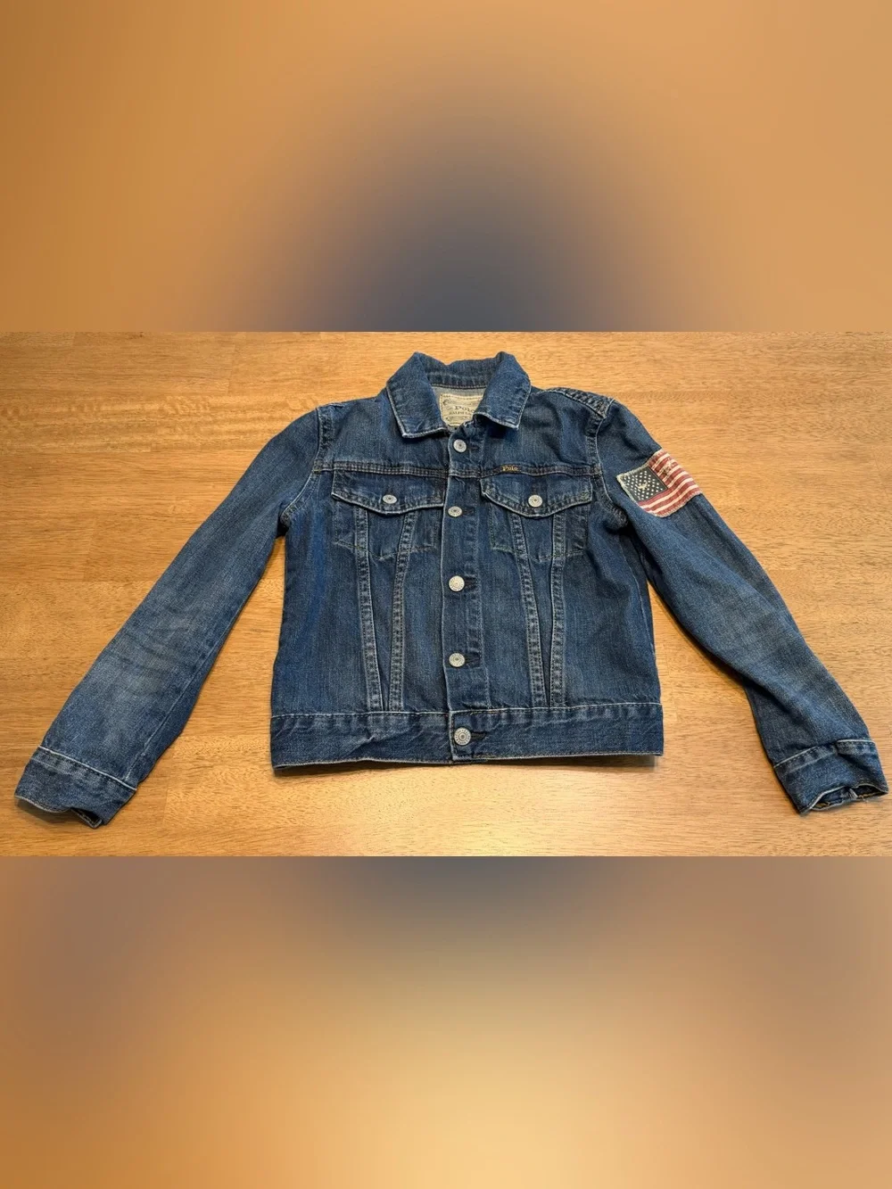 Polo Ralph Lauren Denim Trucker Jacket Kids Size 7 American Flag Patch Logo Snap